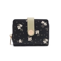 Compact black PU leather women's wallet with white floral print and green strap - Black