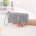 Gray matte PU leather long wallet for women with leaf buckle and wrist strap - Long Style / Sky Blue