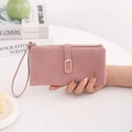 Close-up of pink long wallet with gold leaf buckle and matte texture finish - Long Style / Pink