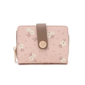 Compact pink PU leather women's folding wallet with elegant white flower print - Pink
