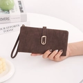 Detail of a brown matte PU leather long wallet featuring a gold leaf metal buckle - Long Style / Coffee