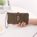 Detail of dark olive long PU leather wallet with a gold leaf buckle and wristlet strap - Long Style / Dark Green