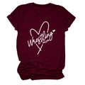 Detail of maroon Wrestling Mom T-shirt featuring white heart graphic and rolled sleeve cuffs - Wine Red (White Font)