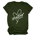 Close-up of heart and cross print on army green Wrestling Mom women's t-shirt - Army Green (White Font)