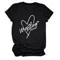 Detail of Wrestling Mom heart print on black cotton short sleeve crew neck T-shirt - Black (White Font)