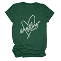 Close-up of Wrestling Mom heart print on a forest green knit cotton t-shirt - Retro Green (White Font)