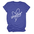 Detail of Wrestling Mom heart print on purple heather cotton blend short sleeve t-shirt - Retro Blue (White Font)