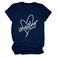 Detail of white Wrestling Mom print with heart and cross on navy cotton t-shirt - Navy Blue (White Font)