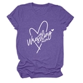 Close-up of Wrestling Mom text and heart graphic on purple heather knit t-shirt fabric - Purple (White Font)