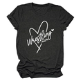 Close-up of Wrestling Mom text and heart graphic on dark grey cotton t-shirt - Heather Gray (White Font)