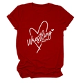 Burgundy Wrestling Mom T-shirt with white heart design and rolled cuff short sleeves - Red (White Font)
