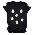 T-shirt femme noir à col rond avec motifs de Père Noël à paillettes colorées et festives - S / Hauts / Noir