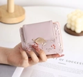 Short fold PU leather wallet in lilac with floral print and gold leaf clasp - Pink