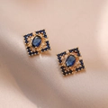 Vintage gold square stud earrings with blue sapphire center on champagne silk - Sapphire Blue Earrings (E532)