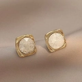 Minimalist geometric square earrings with gold frames and white stone inlay on silk - Geometric Style (E0032)