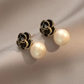 Vintage French style black enamel rose earrings with pearls and gold trim on gray silk fabric - Black Camellia Pearl Stud Earrings (E0380)