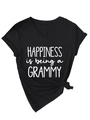 Detail eines schwarzen Damen-T-Shirts mit V-Ausschnitt, Grammy-Aufdruck und Seitenknoten - Schwarz