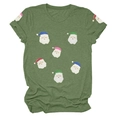 Détail du t-shirt vert foncé montrant les motifs festifs de Père Noël à paillettes et le col rond - S / Hauts / Vert Olive (Paillettes Brillantes)