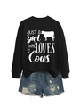 Detail of Just A Girl Who Loves Cows black sweatshirt with white cow graphic and heart - Black (White Font)