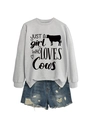 Flat lay of gray long-sleeve sweatshirt with cow print and ripped denim shorts set - Grey (Black Font)