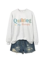 Detail of grey sweatshirt with Quilting is my therapy text and distressed denim shorts - Off-White