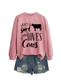 Pink crewneck sweatshirt with Cow love print paired with blue ripped denim shorts - Rose Gold (Black Font)