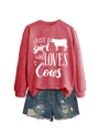Detail view of red crewneck sweatshirt with 'Just a girl who loves Cows' graphic print - Red (White Font)