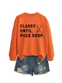 Close-up of orange sweatshirt with Classy Until Puck Drop text and denim shorts - Orange (Black Print)