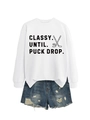 Flat lay of white crewneck sweatshirt with PUCK DROP print and distressed denim shorts - White (Black Print)