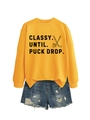 Detail of yellow Classy Until Puck Drop sweatshirt paired with distressed denim shorts - Yellow (Black Print)