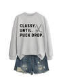 Detail of Classy Until Puck Drop hockey sweatshirt with ribbed collar and sleeve cuffs - Grey (Black Print)