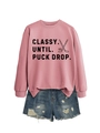 Detail of pink crewneck sweatshirt with hockey slogan and distressed denim shorts - Rose Gold (Black Print)