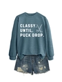 Flat lay of foggy blue long sleeve sweatshirt and distressed denim shorts with text - Blue (White Print)