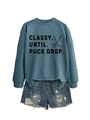 Navy crewneck sweatshirt with PUCK DROP print and distressed denim shorts layout - Blue (Black Print)