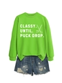 Neon green sweatshirt with Classy Until Puck Drop text paired with denim shorts - Fluorescent Green (White Print)
