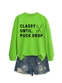 Neon green hockey slogan sweatshirt paired with distressed blue denim shorts set - Fluorescent Green (Black Print)