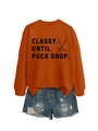 Close-up of Classy Until Puck Drop orange sweatshirt with ribbed cuffs and hem - Burnt Orange (Black Print)