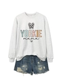 Detail eines hellgrauen Sweatshirts mit handgezeichnetem Yorkie-Hundeaufdruck und Text - S / Off-White Sweatshirt (Schwarze Grafik)