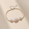 S925 silver bracelet with pearls, pink pig charm and green jadeite beads on beige background - Yanyuan Agate Orange-Red Pig Style (SF0004-2#)