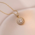 Elegant gold flower necklace with square zircon pendant on champagne silk background - Sunflower Zircon Necklace (X0974) / Gold