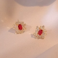 Geometric gold stud earrings featuring rectangular red zircon and sparkling accents - Red Zirconia Earrings