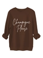 Détail d'un sweat marron foncé avec imprimé Champagne Please et finitions en bords-côtes - Café