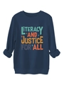 Detail of navy blue sweatshirt showing literacy and justice for all artistic printing - Navy Blue