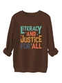 Detail of Literacy and Justice For All print on brown crewneck sweatshirt - Coffee