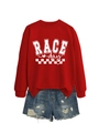 Dettaglio della felpa rossa Race Day abbinata a pantaloncini di jeans strappati - S / Rosso (Carattere Bianco)