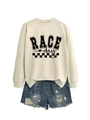 Flat lay of off-white crewneck sweatshirt with Race Day print and ripped denim shorts set - Sand (Black Font)