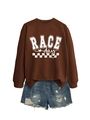Brown Race Day sweatshirt with checkered flag print paired with frayed denim shorts - Coffee (White Font)