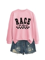 Detail of pink crewneck sweatshirt with RACE day graphic and frayed denim shorts - Pink (Black Text)