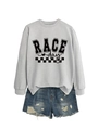 Flat lay of gray RACE day sweatshirt with checkerboard detail and denim shorts - Grey (Black Font)