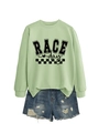 Flat lay of light green Race Day sweatshirt paired with distressed denim shorts - Olive Green (Black Font)
